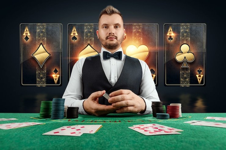 Live Baccarat dealer at table with cards and betting layout